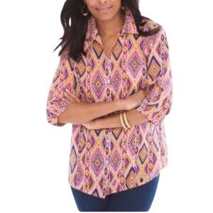 CHICOS Effortless No-Iron Ikat Linen Button Back Shirt